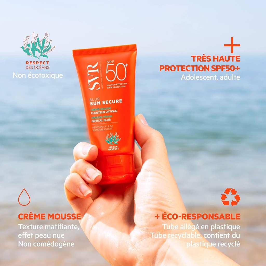 SVR/ Sun Secure Blur SPF50+ 50ml: اس في ار واقي شمس خافي للعيوب بلون البشرة