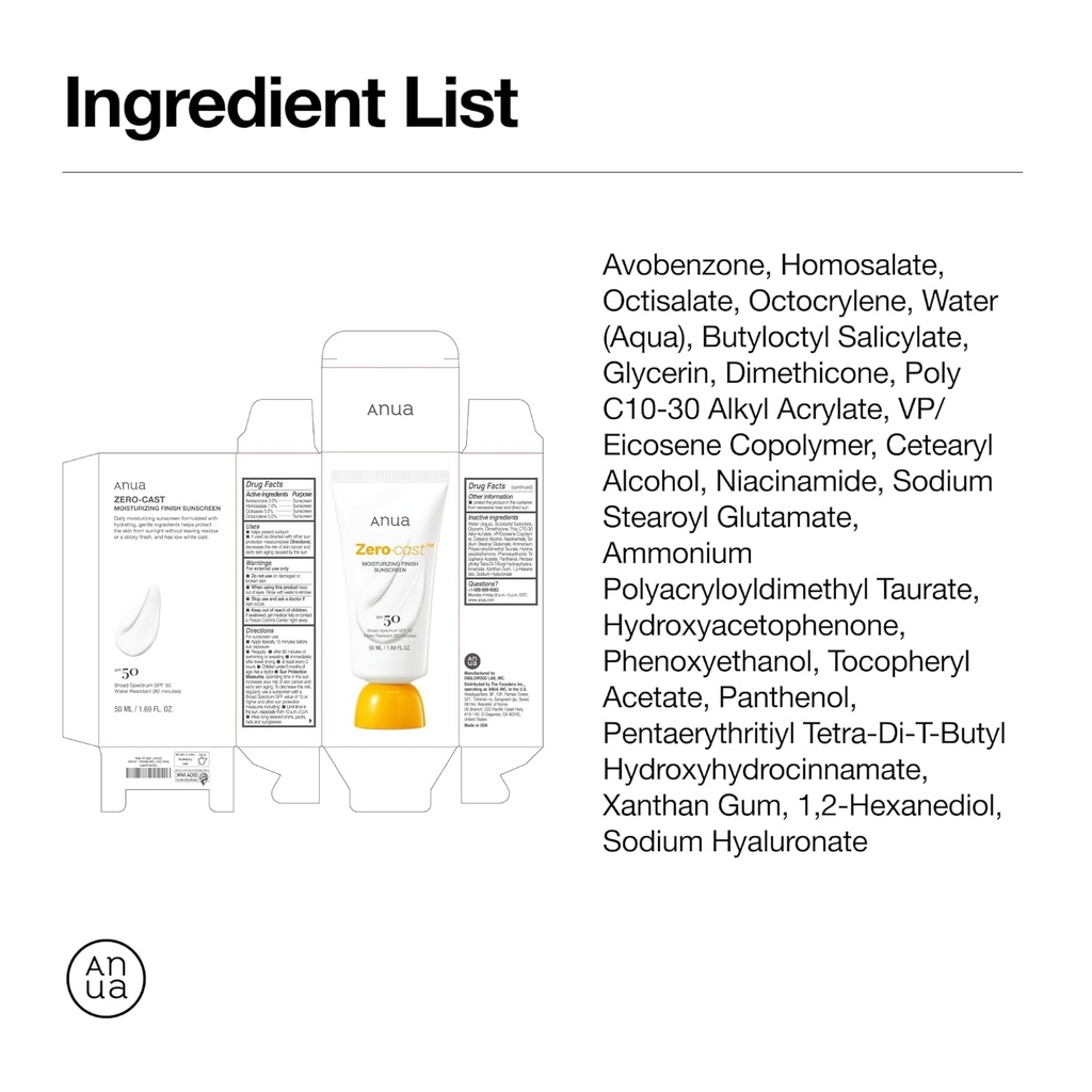 Anua/ Zero-Cast Moisturizing Finish Sunscreen SPF50+ 50ml: انوا زيرو كاست واقي شمس ومرطب مقاوم للماء