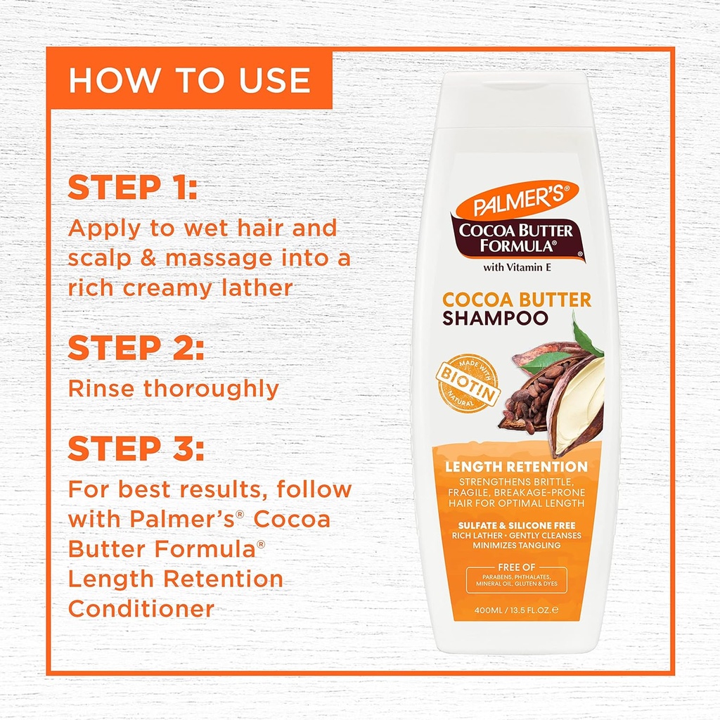 PALMERS/Cocoa Butter Length Retention Shampoo 400ml: شامبو بالمرز بزبدة الكاكاو
