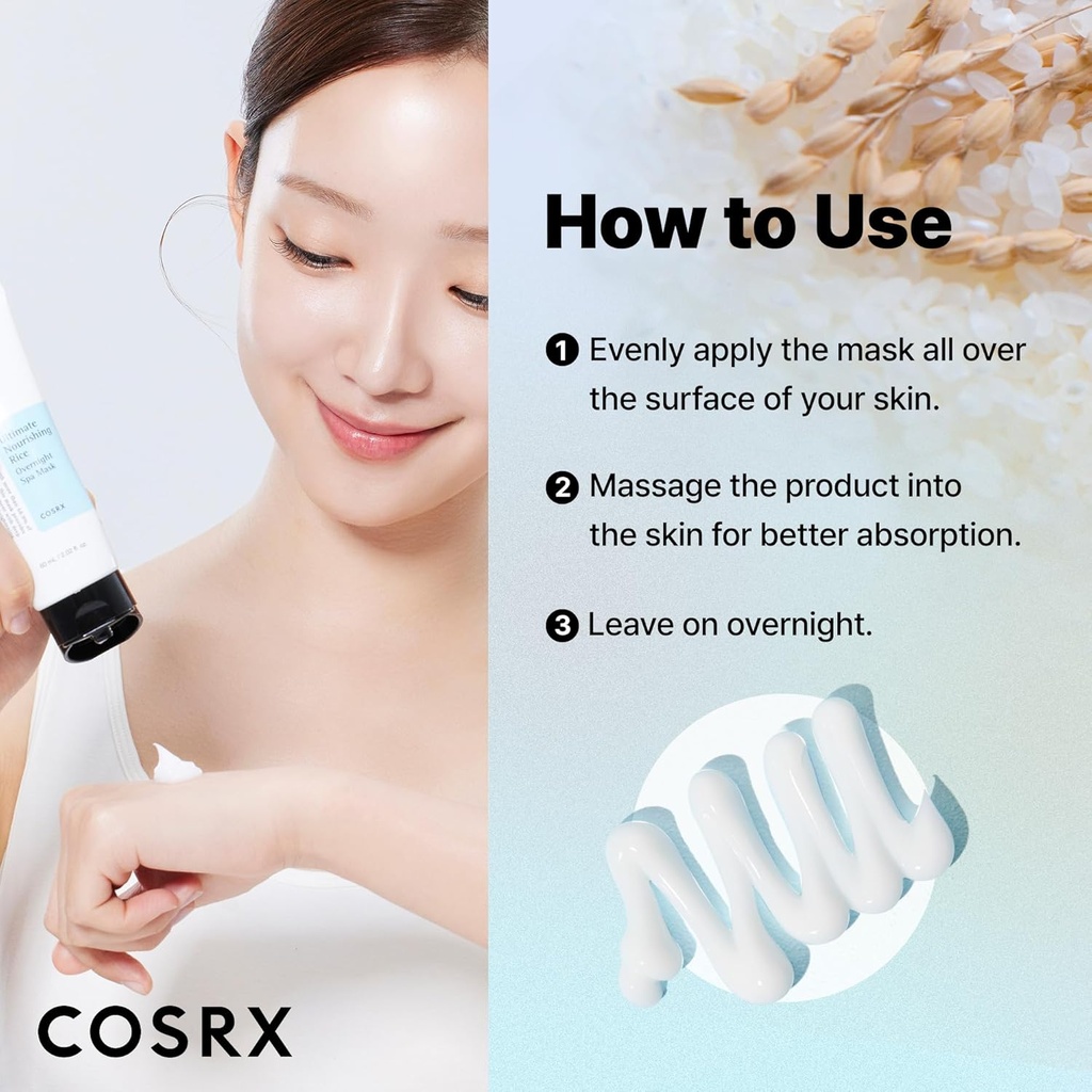 COSRX/ Ultimate Nourishing Rice Overnight Spa Mask, Rice Extract 68% and Niacinamide 2% - 60ml : كوزركس ماسك الأرز الليلي المغذي للترطيب والتفتيح