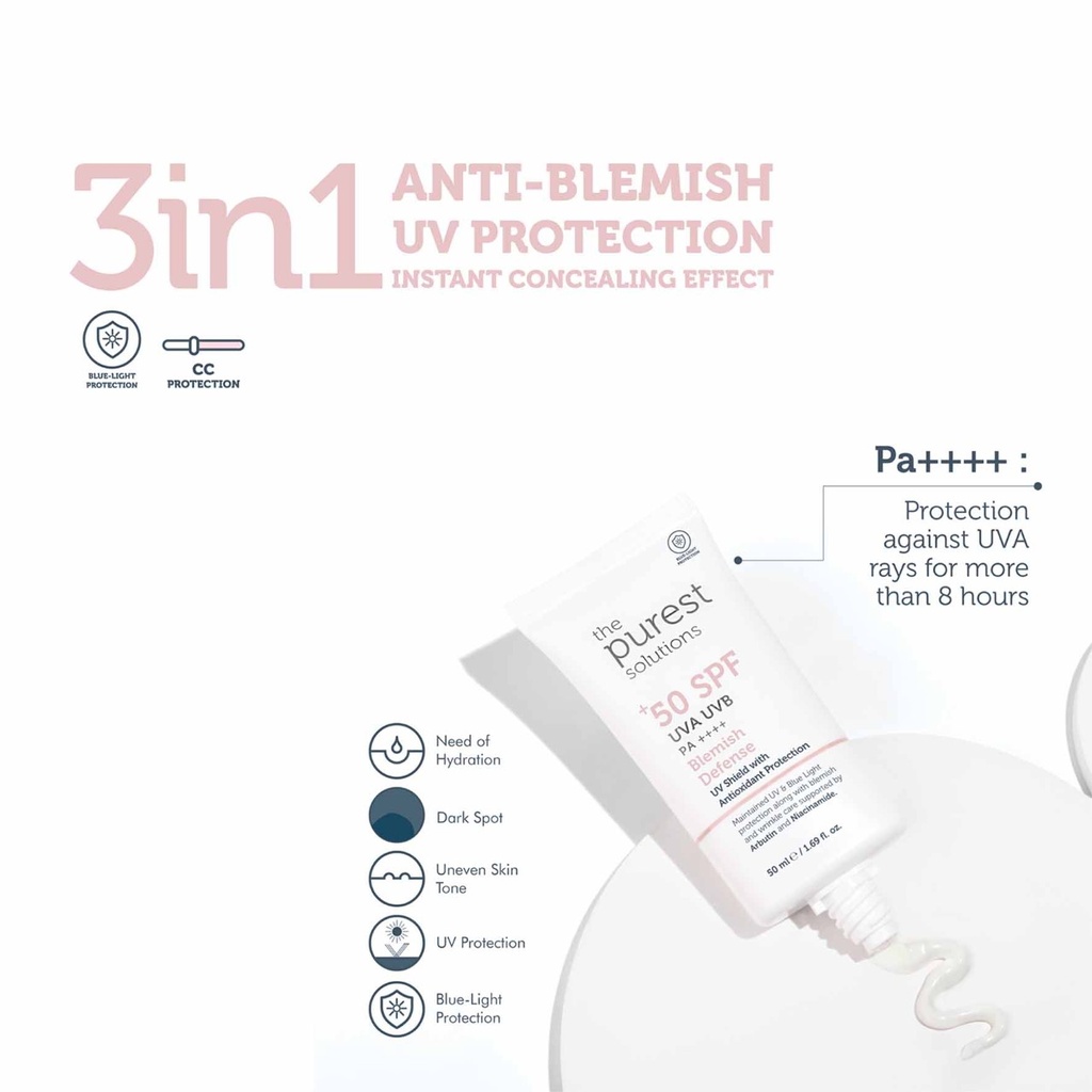 Purest/ 50+ SPF Pink Blemish Defense Sunscreen: واقي شمس بيورست