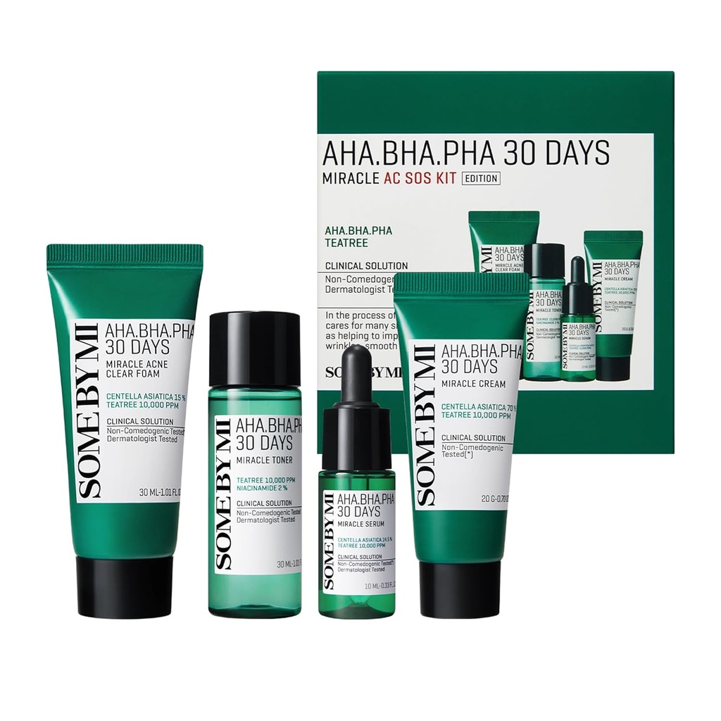 SOME BY MI/ AHA BHA PHA 30Days Miracle Kit : بكج المعجزة سم باي مي للعناية بالبشرة (سيروم ، تونر ، غسول ، مرطب)
