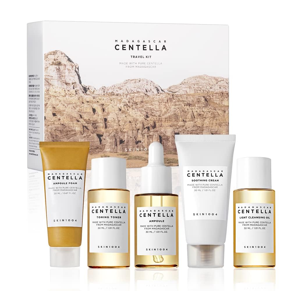 SKIN1004/ Centella Travel Kit, Toner, Ampoule, Soothing Cream, Cleansing Oil, Ampoule Foam: بكج السفر من سنتيللا (تونر، مرطب، سيروم، غسول زيتي ورغوي)