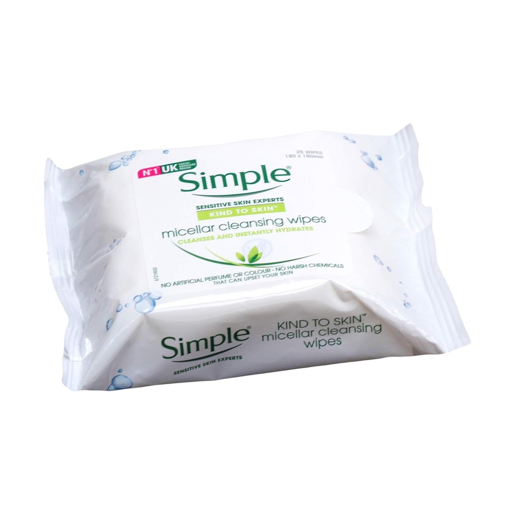 Simple/ Kind To Skin Micellar Cleansing Facial Wipes : سمبل كلينكس مرطب مزيل ميكب ٢٥ قطعة