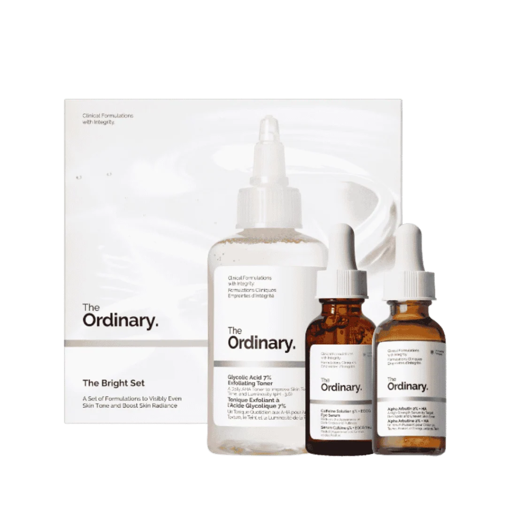 The Ordinary / The Bright Set, 3-Step Regimen for Radiant, Even Skin Tone with Glycolic Acid 7% Exfoliating Toner, Alpha Arbutin 2% + HA, and Caffeine Solution 5% + EGCG Eye Serum Skin Care Set | ذا أورديناري مجموعة الإشراقة روتين من 3 خطوات